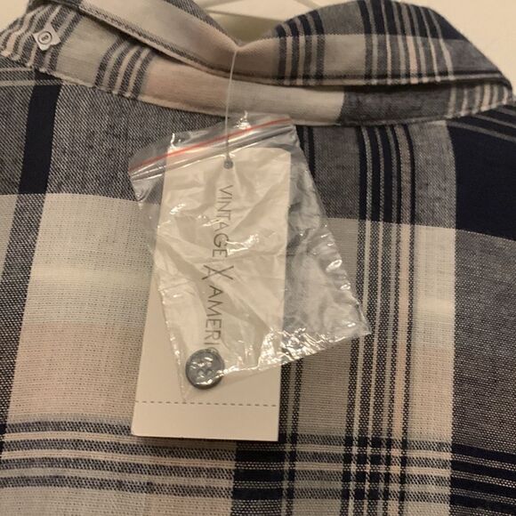 Vintage America navy pink white plaid tunic with rollable sleeves Size L NWT - Picture 8 of 9